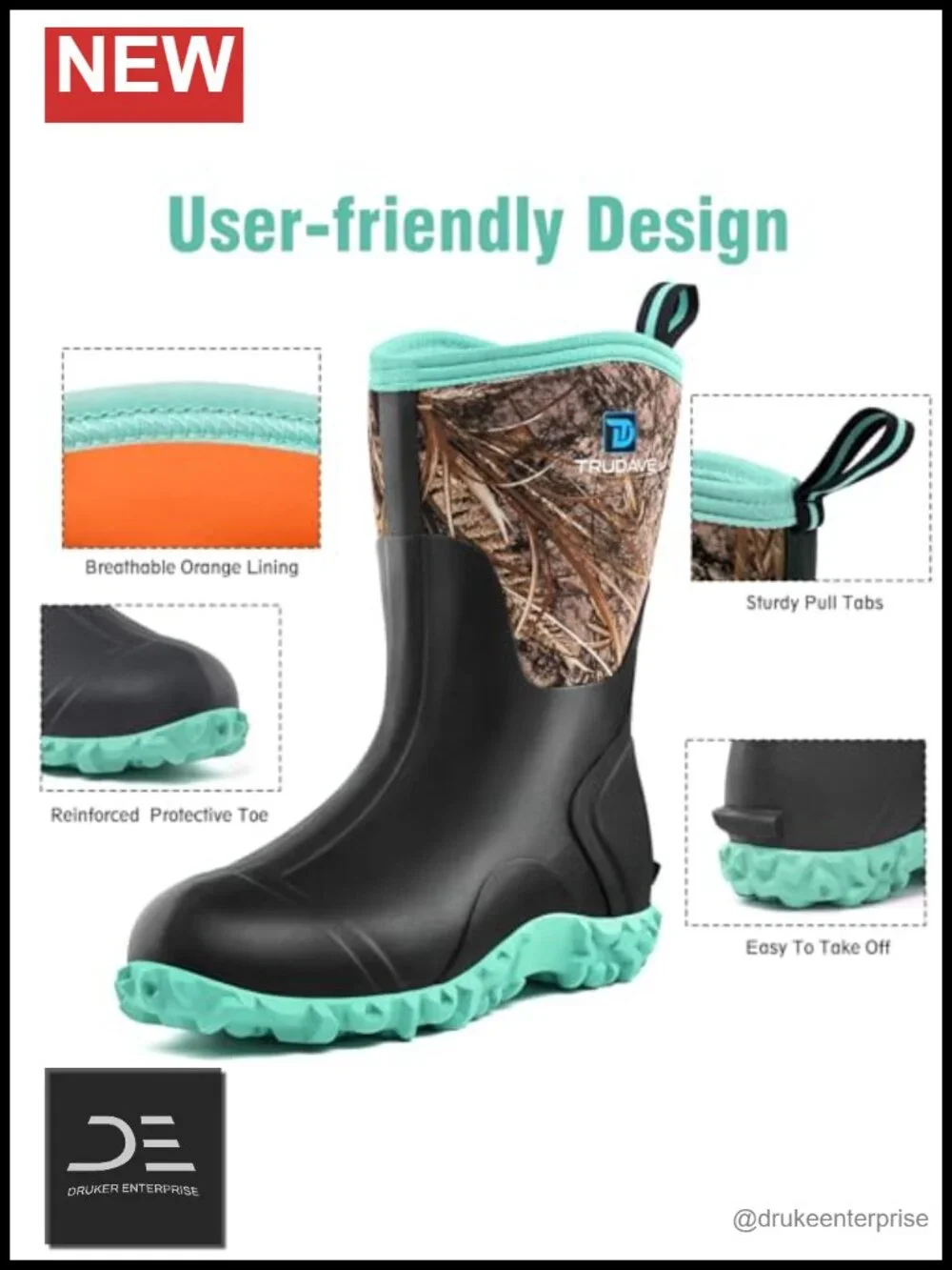 Women's Waterproof Insulated Mid Calf Rain Boots with Steel Shank, Neoprene